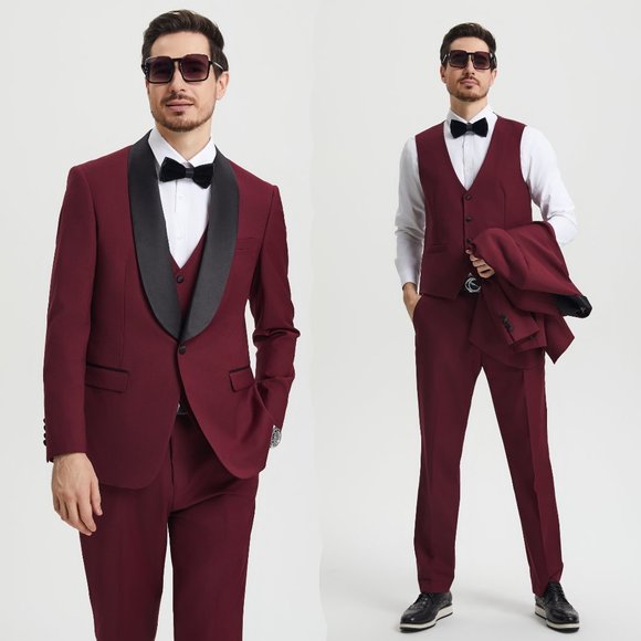 Stacy Adams 3pc Mens Tuxedo Hybrid Fit Shawl Lapel, Burgundy - Picture 1 of 6